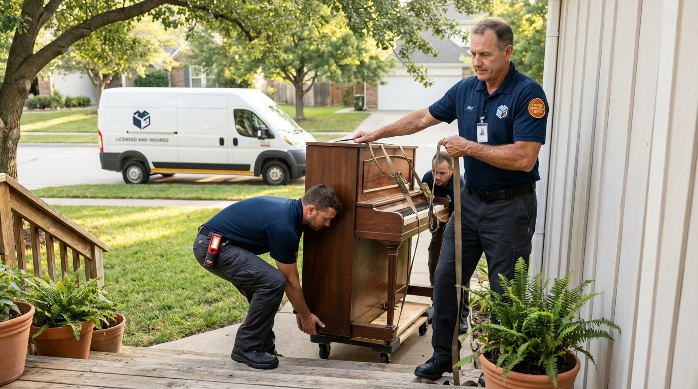 Licensed piano movers securing grand piano in Rockford, MI