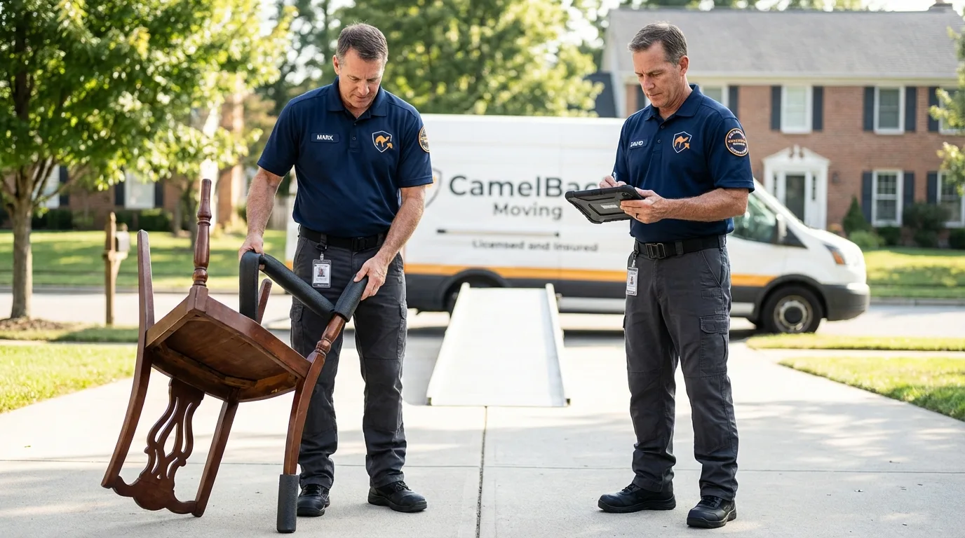 Movers inspecting furniture for damage prevention before loading in Rockford, MI