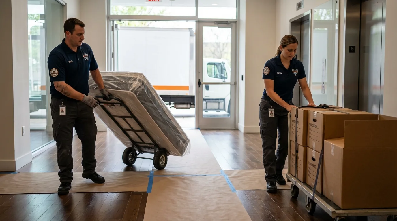 Professional apartment movers loading elevator in Rockford, MI